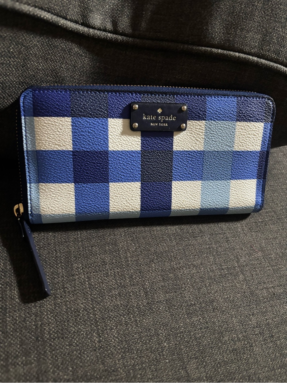 KATE SPADE - 'ANITA' Blue & White Plaid Check Continental Long Full Zip Wallet